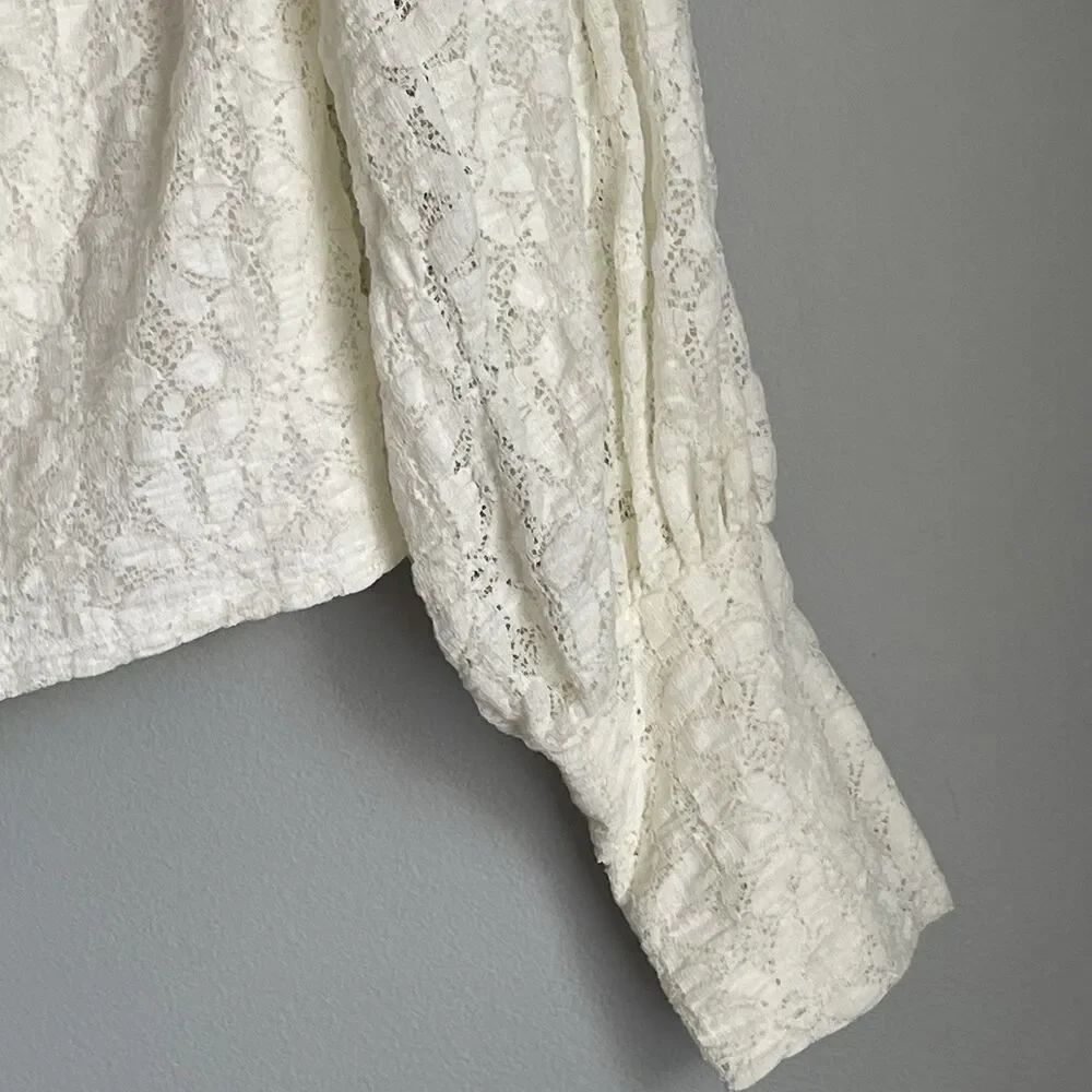 Free People Romantic Boho Shirt Size L Cream Long Puff Sleeve Floral Lace Crop